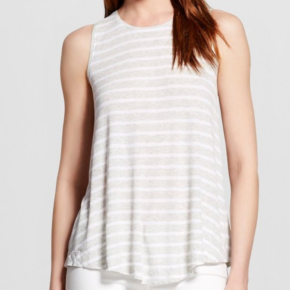 Women's Gray & White Striped Ribbed Swing Tank Top